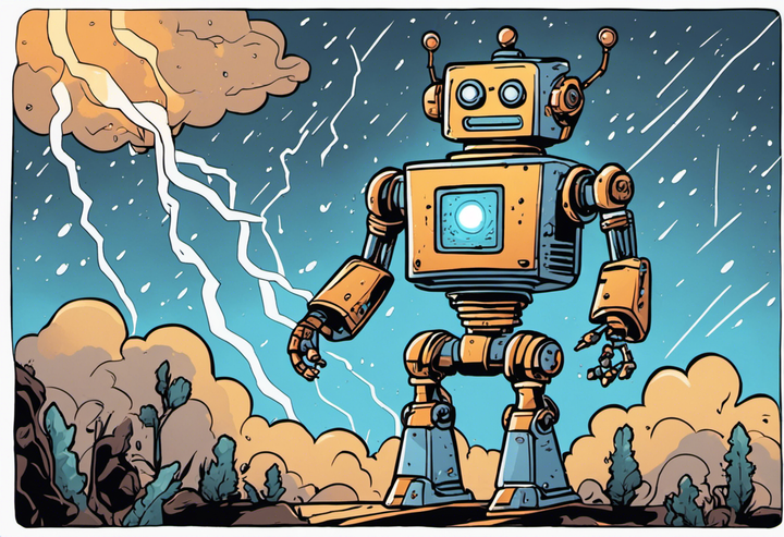 A comic style illustration of a friendly robot. The robot is outside and the sky shows rain clouds and a lightning bolt.